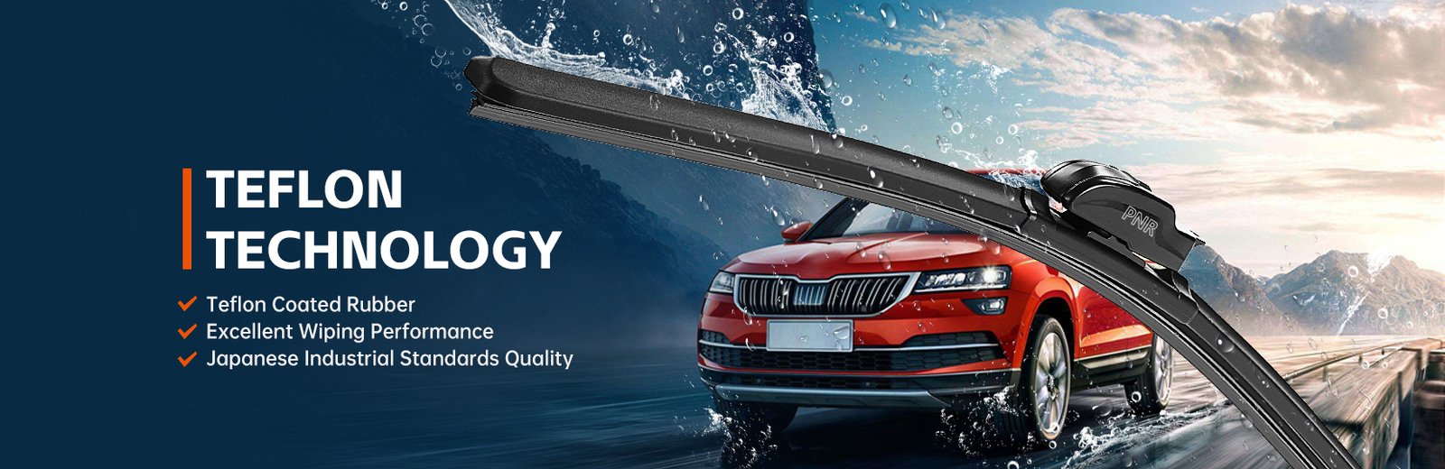 Teflon technology banner with car driving through rain
